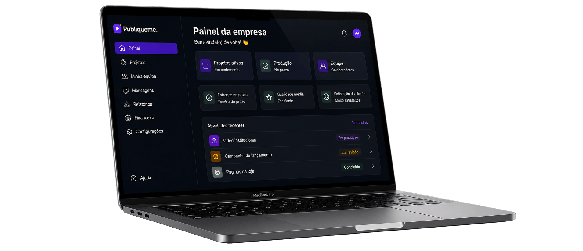 MacBook com painel da Publiqueme para empresas
