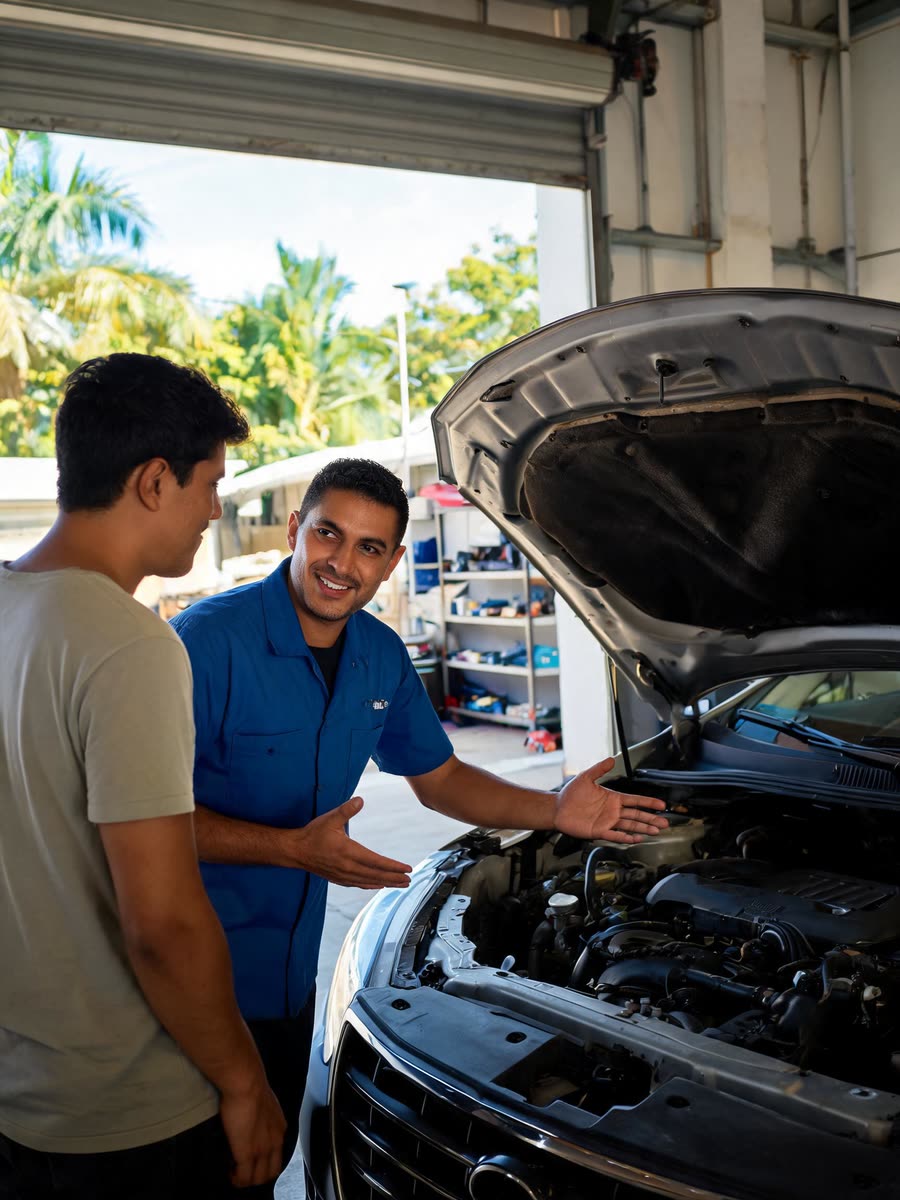 Mecânico explicando um detalhe do motor a um cliente