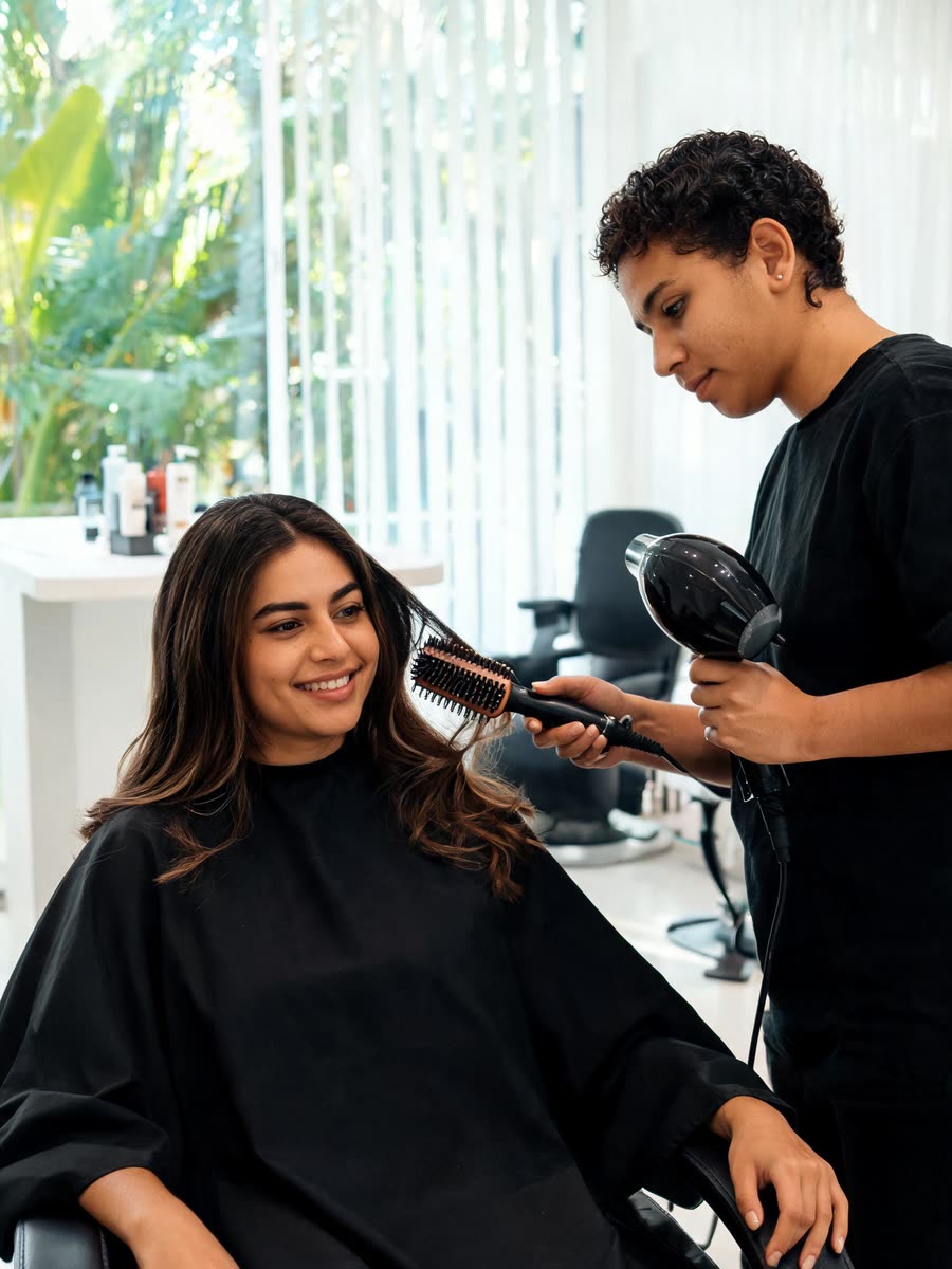 Cabeleireiro finalizando uma escova em um salão