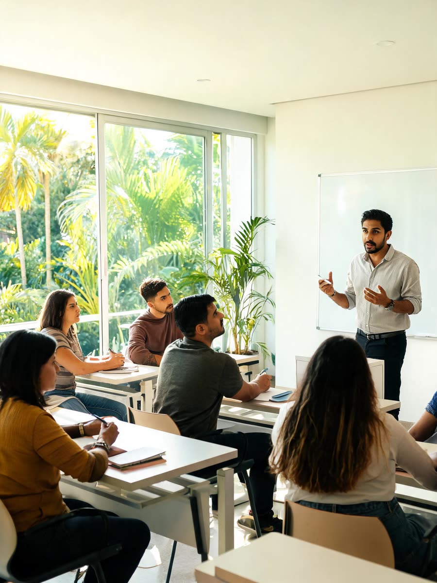 Professor explicando para uma turma de adultos