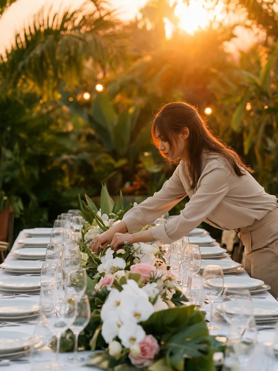 Cerimonialista ajeitando flores em uma mesa de festa