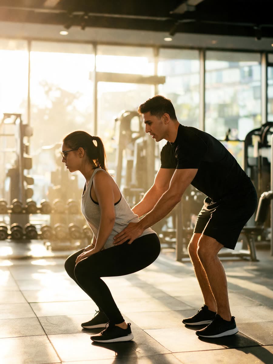 Personal trainer corrigindo o agachamento de uma aluna