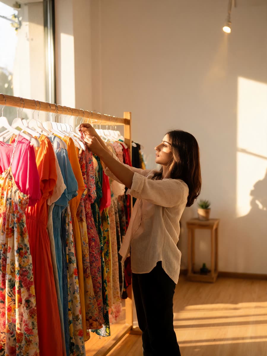 Dona de loja arrumando vestidos em uma arara