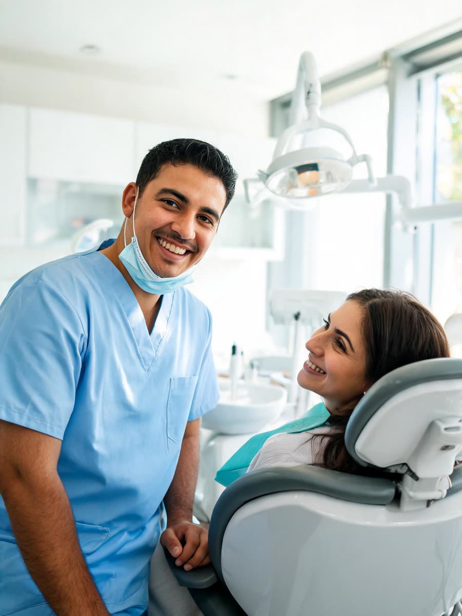 Dentista sorrindo ao lado de uma paciente na cadeira