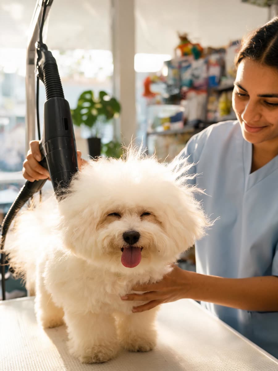 Tosadora secando um cachorro pequeno em um pet shop
