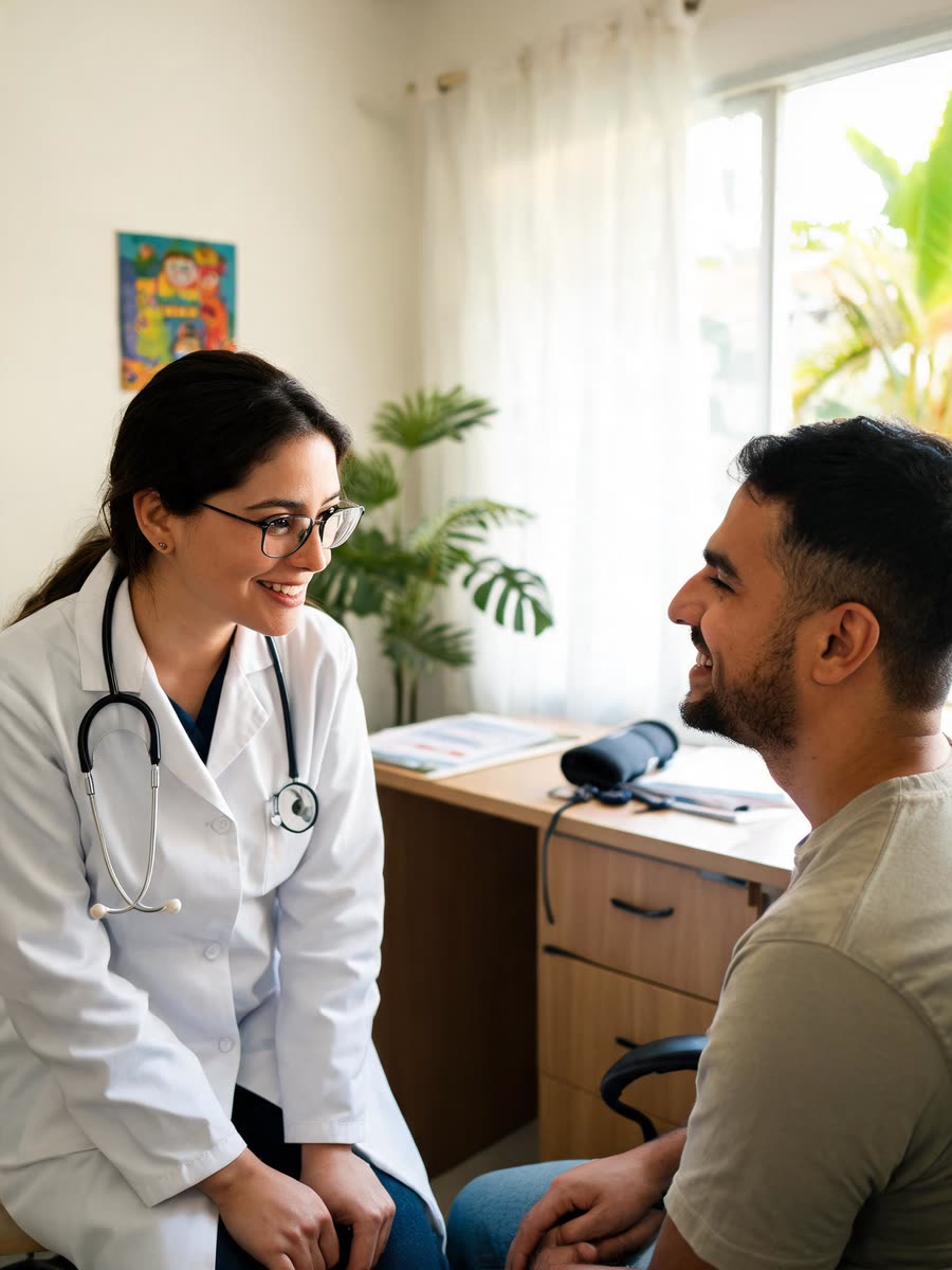 Médica conversando com um paciente no consultório