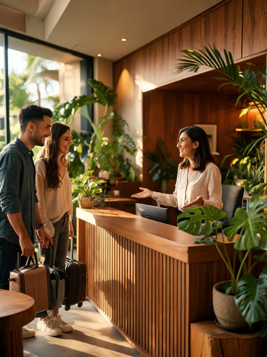 Recepcionista recebendo hóspedes em um hotel