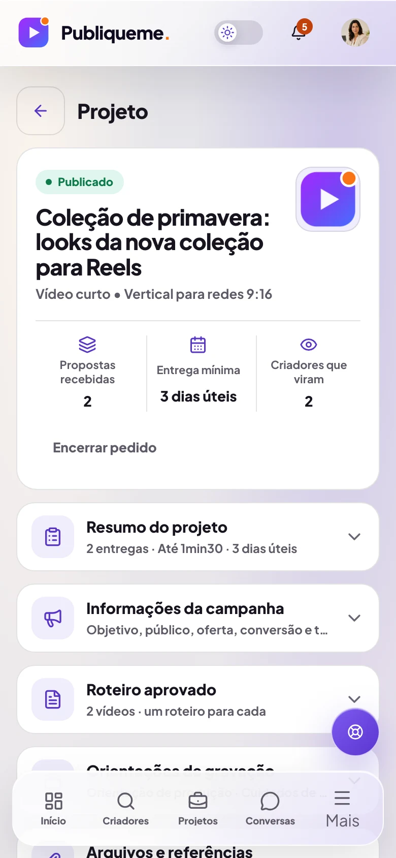 Um projeto publicado no painel: propostas recebidas, entrega mínima e os cartões de resumo, campanha e roteiro.